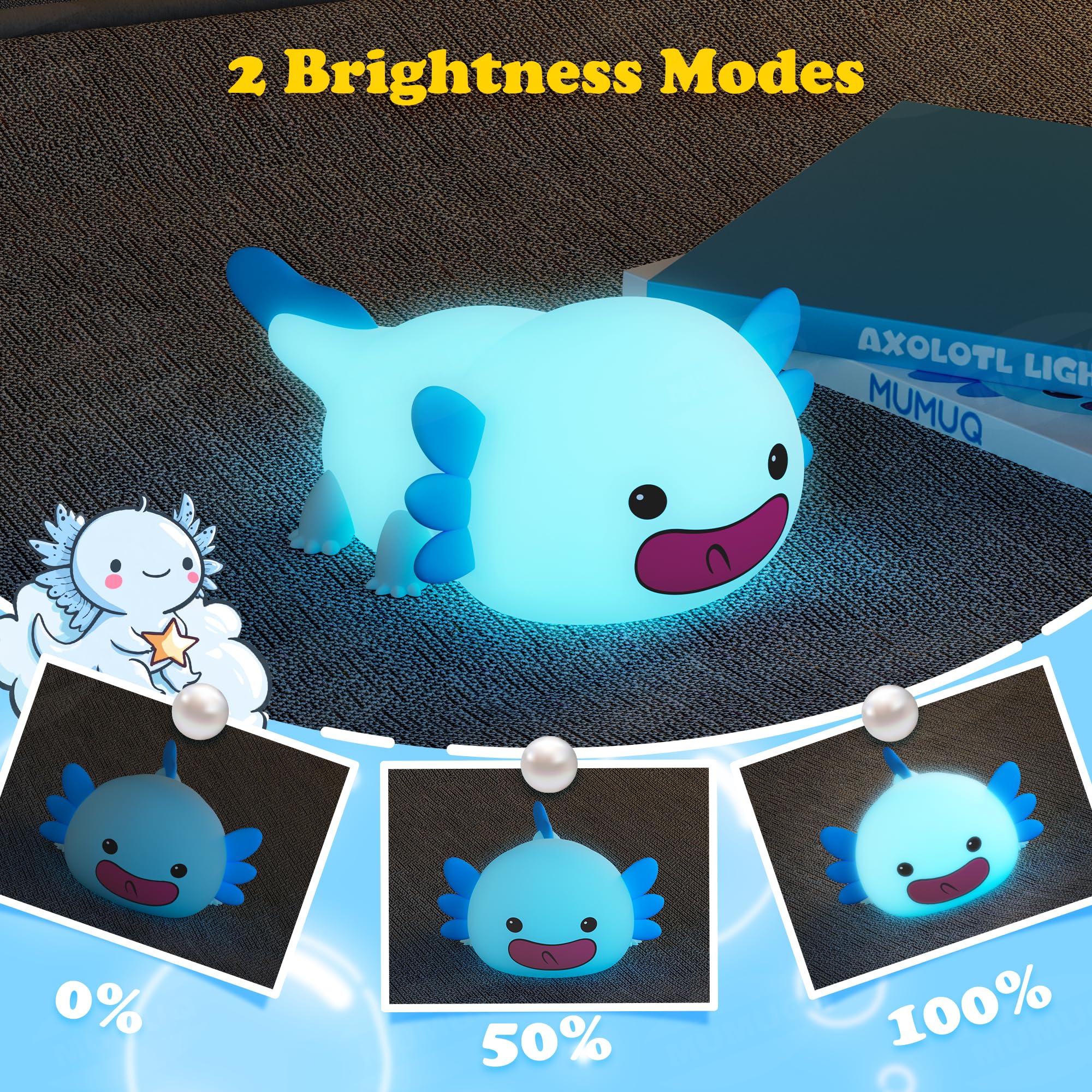MUMUQ Axolotl Night Light dim mode provides gentle illumination for night routines.
