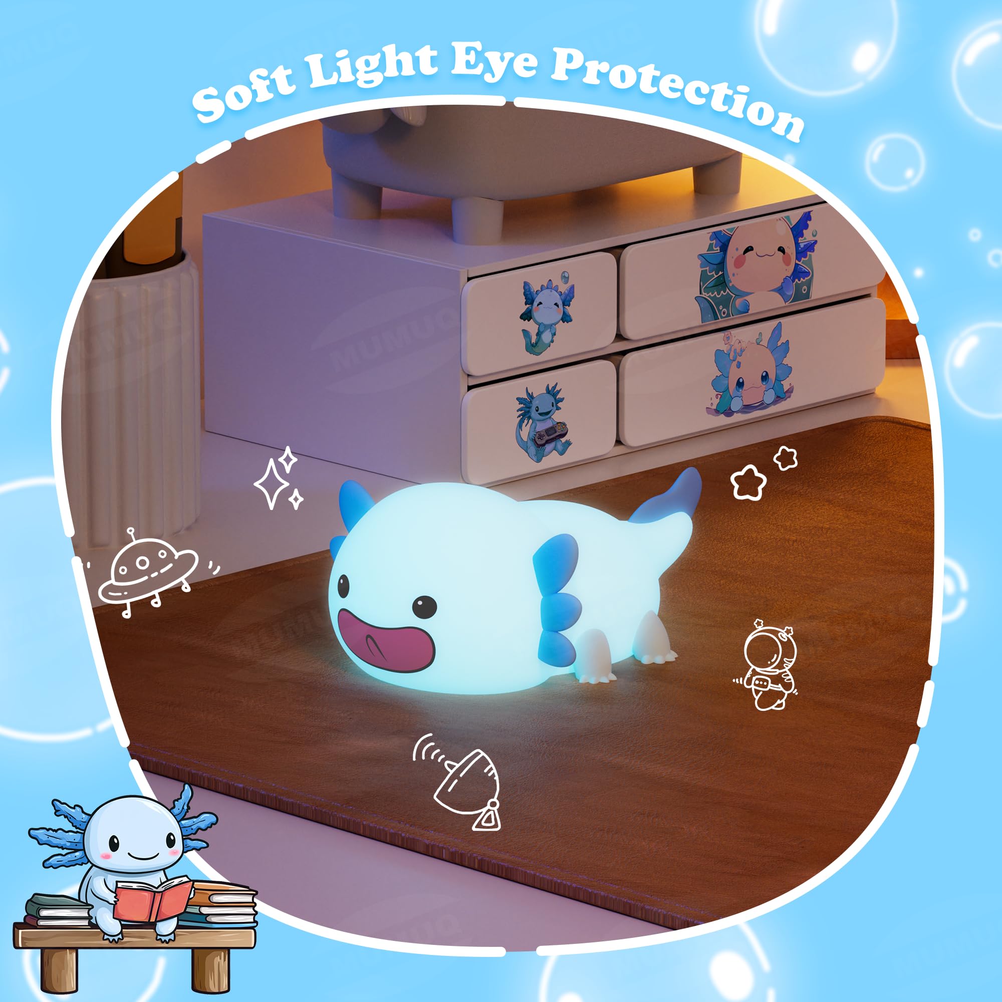MUMUQ Axolotl Night Light soft silicone skin offers safe tactile experience.