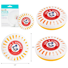 Munchkin Arm & Hammer baking soda discs close-up show odor-neutralizing power.