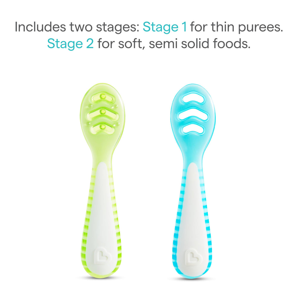 Munchkin Gentle Dip flat-head ergonomic design for comfortable self-feeding.