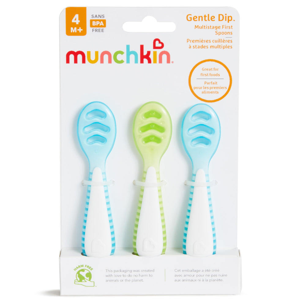 Munchkin Gentle Dip Stage 1 green close-up highlighting bumps for puree pickup.