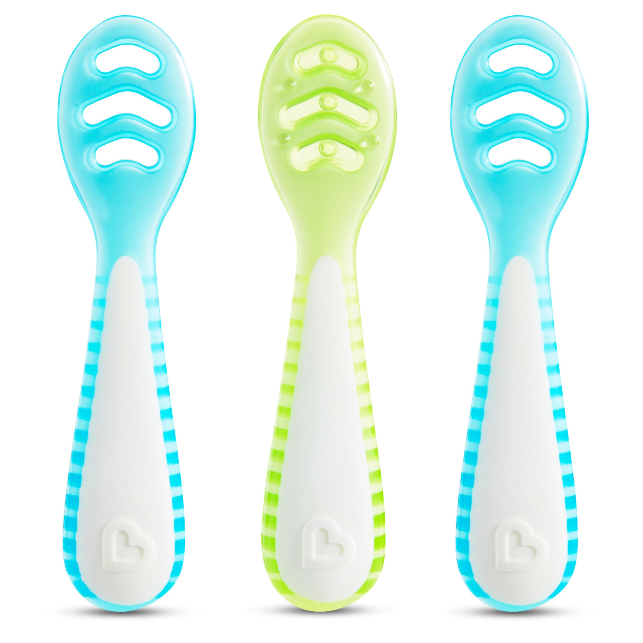Munchkin Gentle Dip Stage 1 green spoon for early puree pickup and self-feeding.