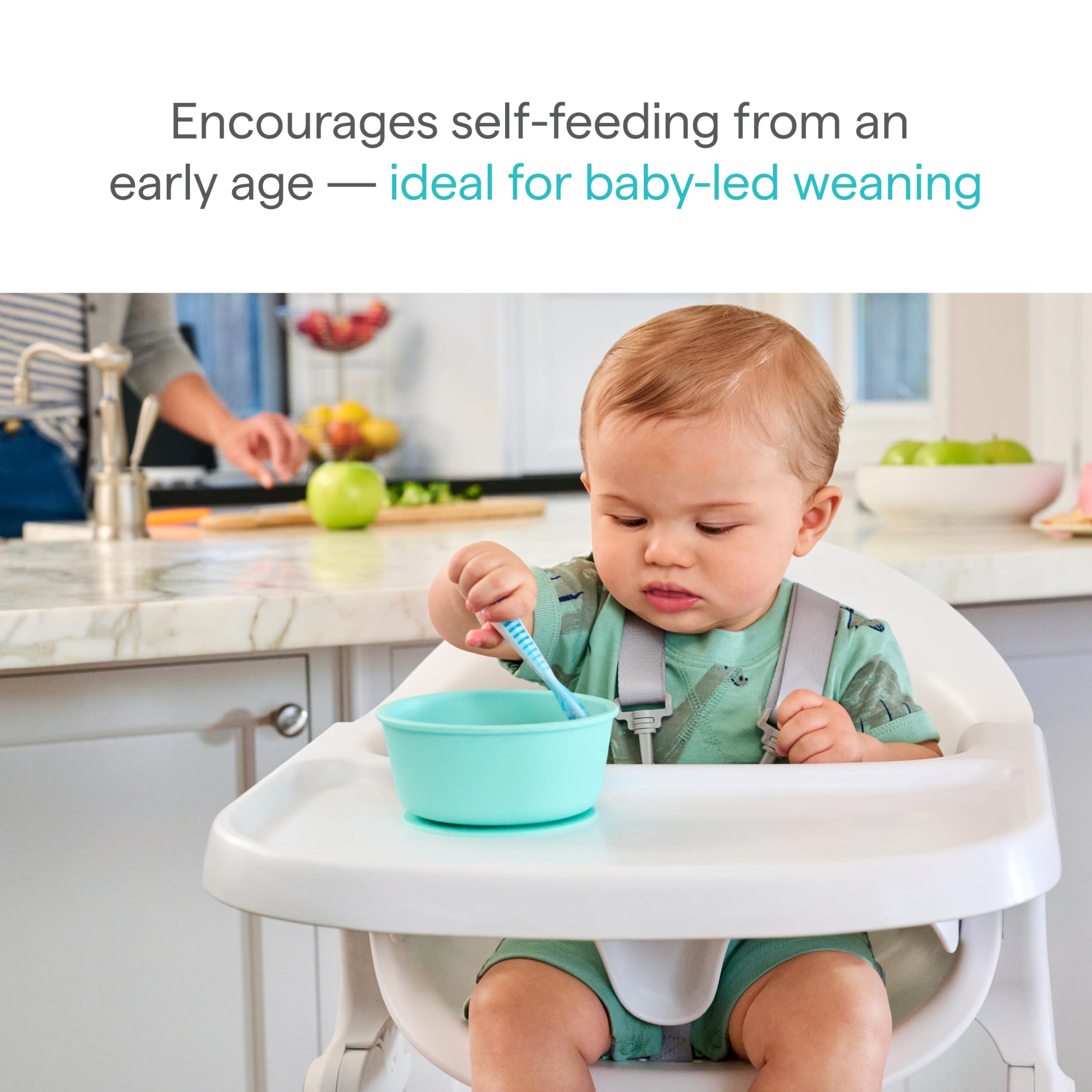Munchkin Gentle Dip Stage 2 blue spoon supports soft-food feeding and scooping practice.