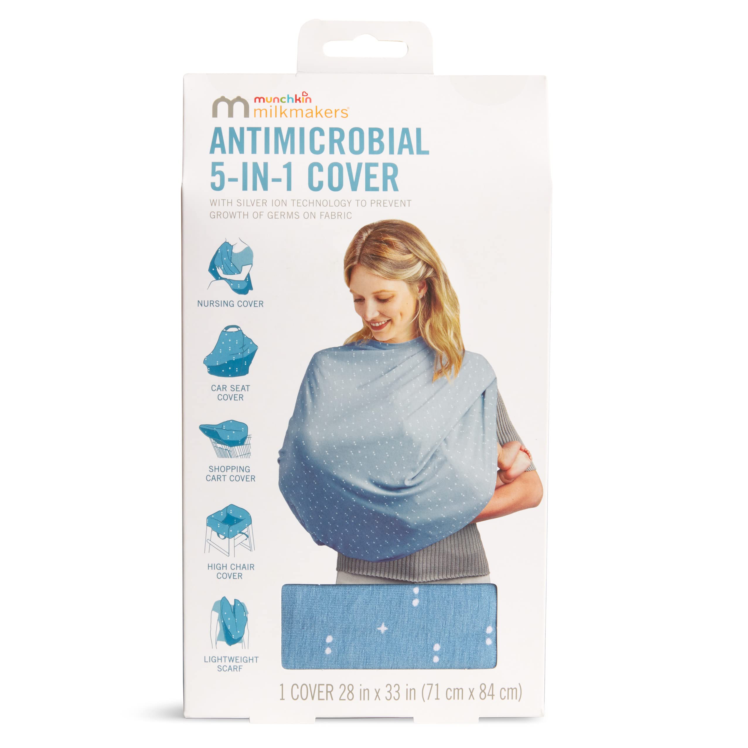 Munchkin Milkmakers nursing cover with top snap bubble protection secures to carriers.