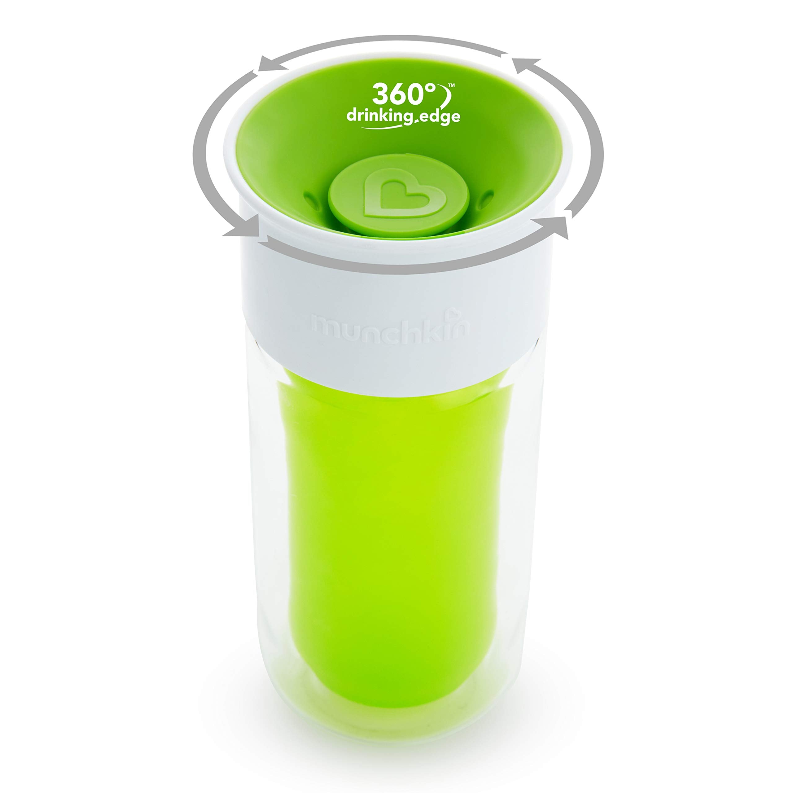 Munchkin Miracle 360 360-degree drinking edge reduces spills during toddler sips.