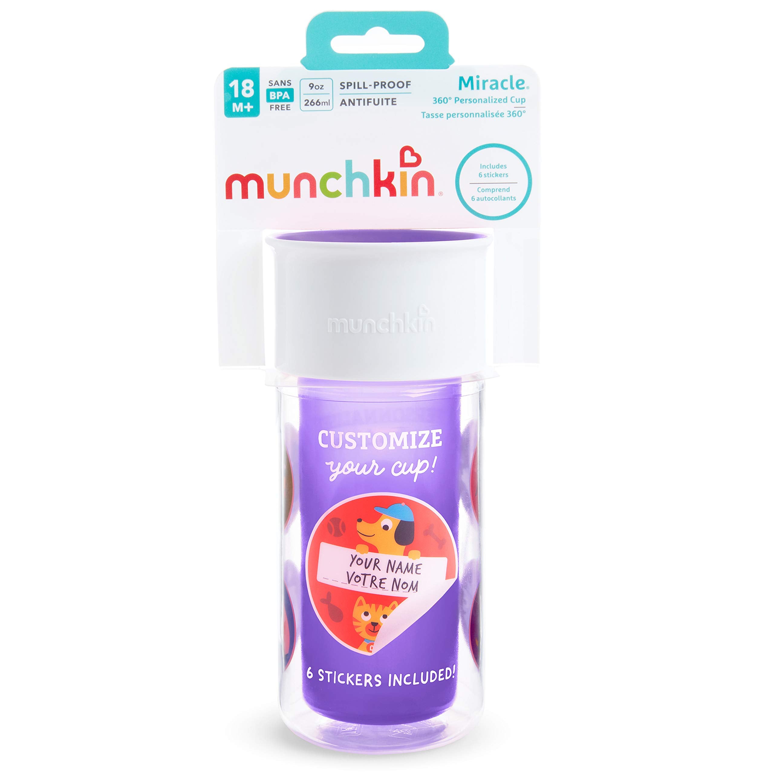 Munchkin Miracle 360 clear container shows contents for quick drink checks.