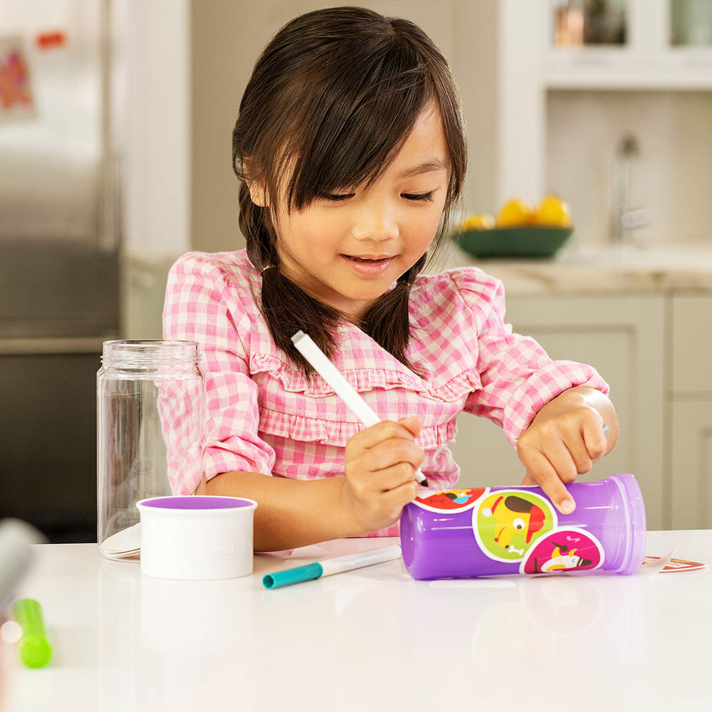 Munchkin Miracle 360 insert with stickers highlighting customizable cup for kid-friendly personalization.