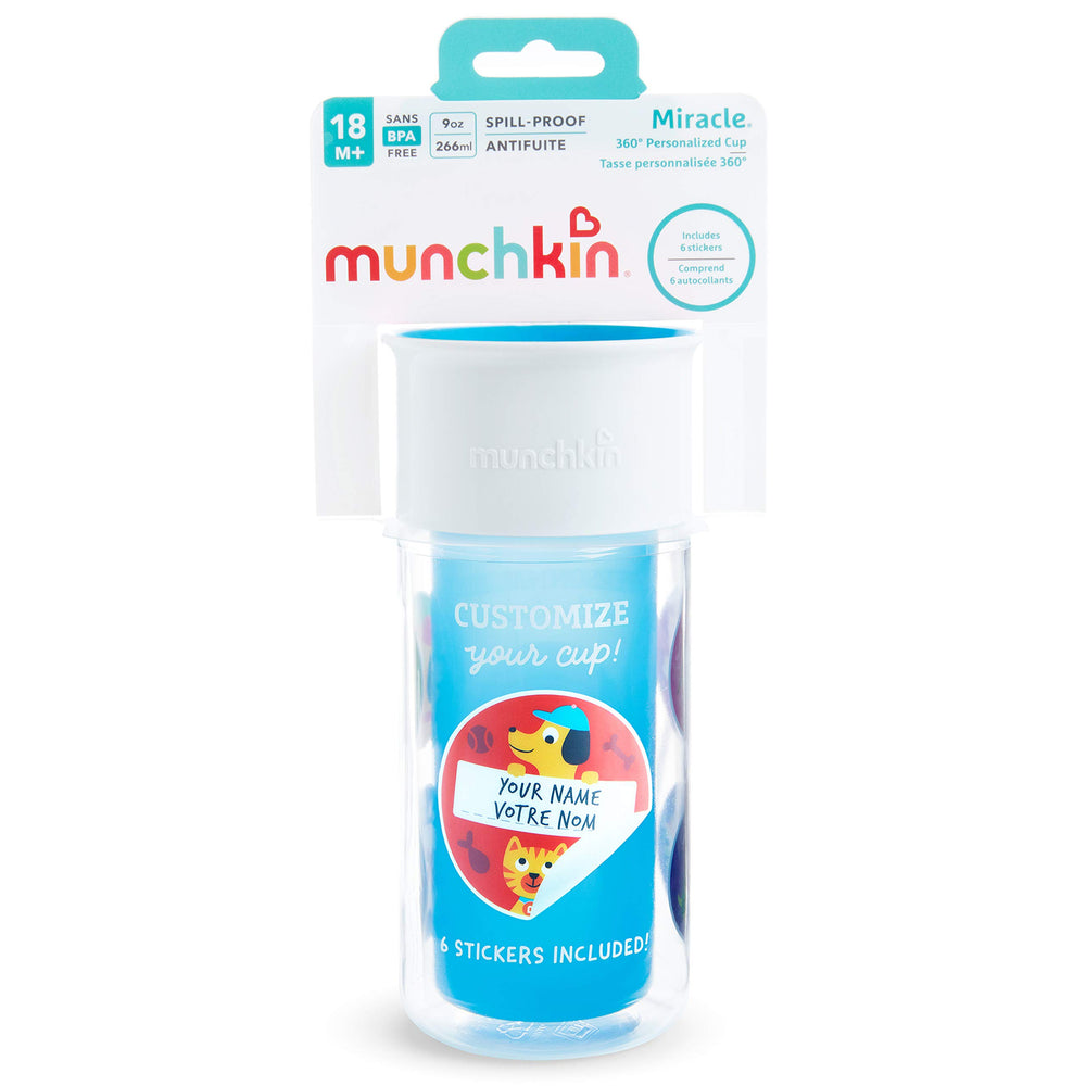 Munchkin Miracle 360 blue cup during daily activities with secure lid