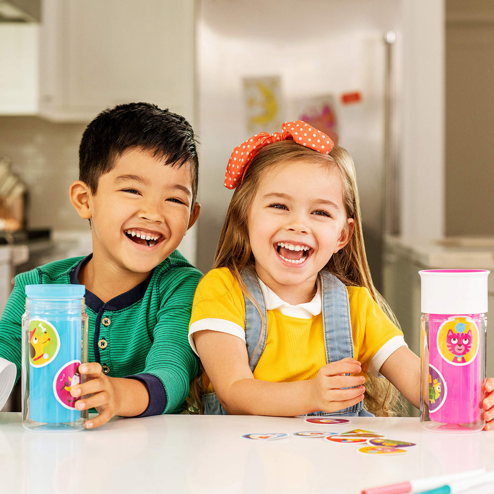 Munchkin Miracle 360 blue cup with stickers included for personalized toddler drinkware