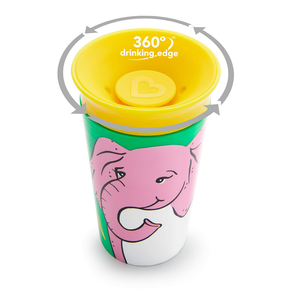 Munchkin Miracle 360 Wildlove edge drinking demonstrates spill resistant design