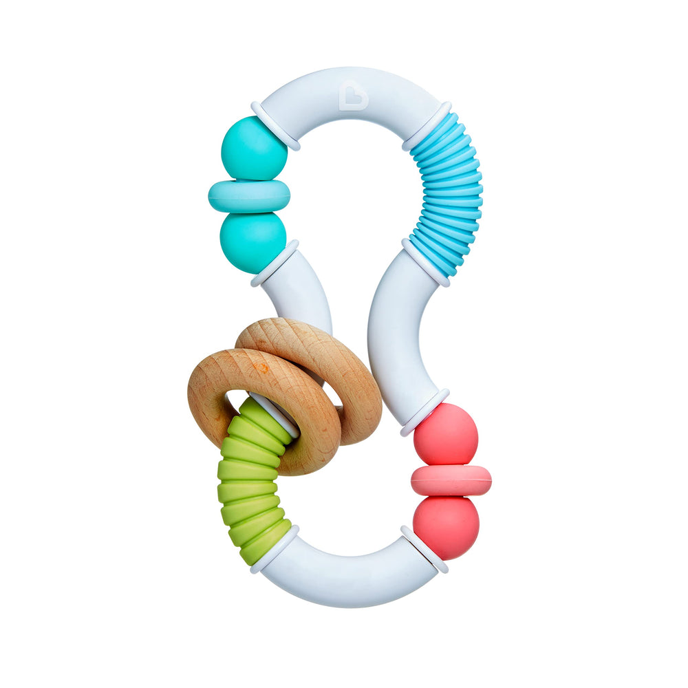 Munchkin Sili Twisty teether close-up shows silicone textures for soothing gums.