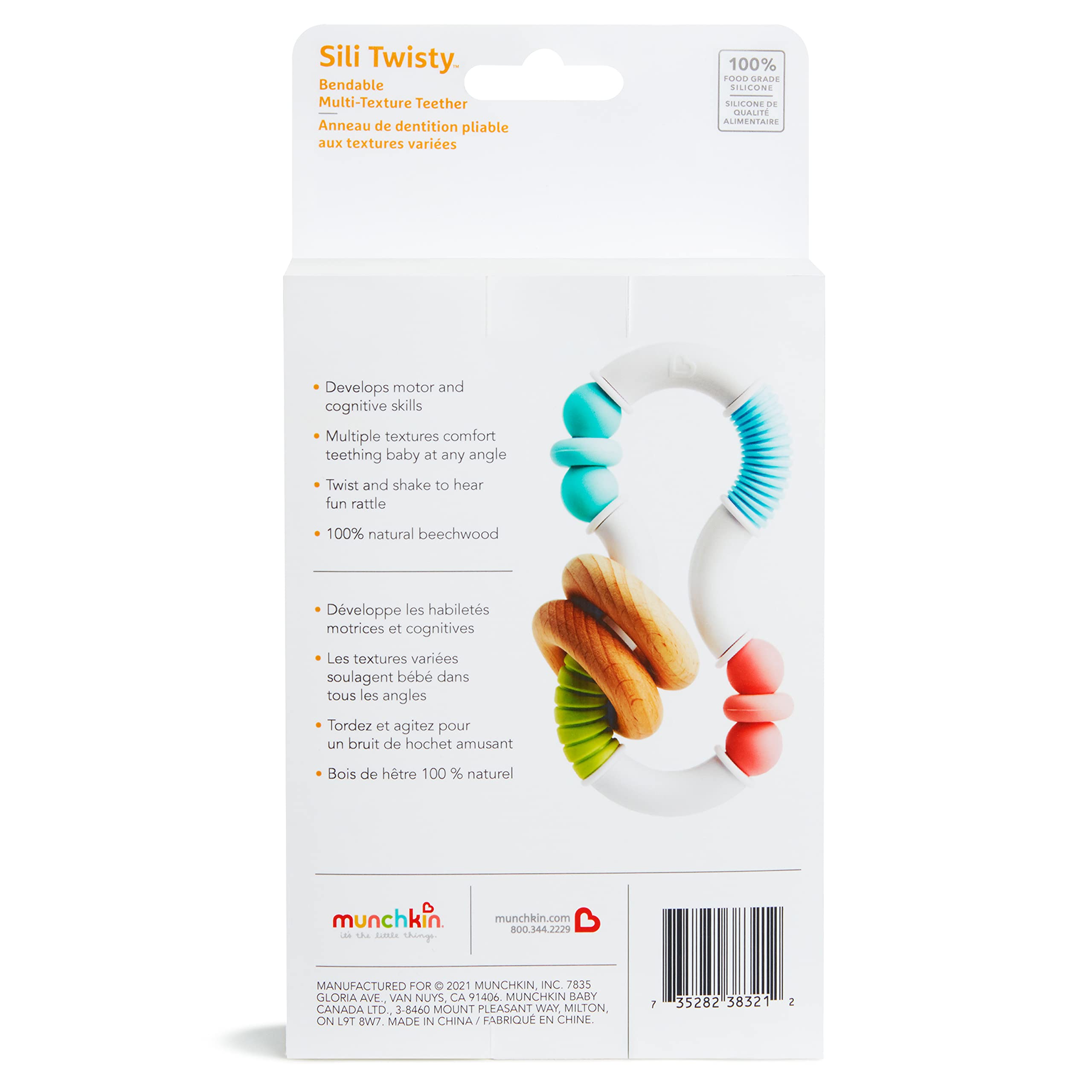 Munchkin Sili Twisty fits small hands for on-the-go teething.
