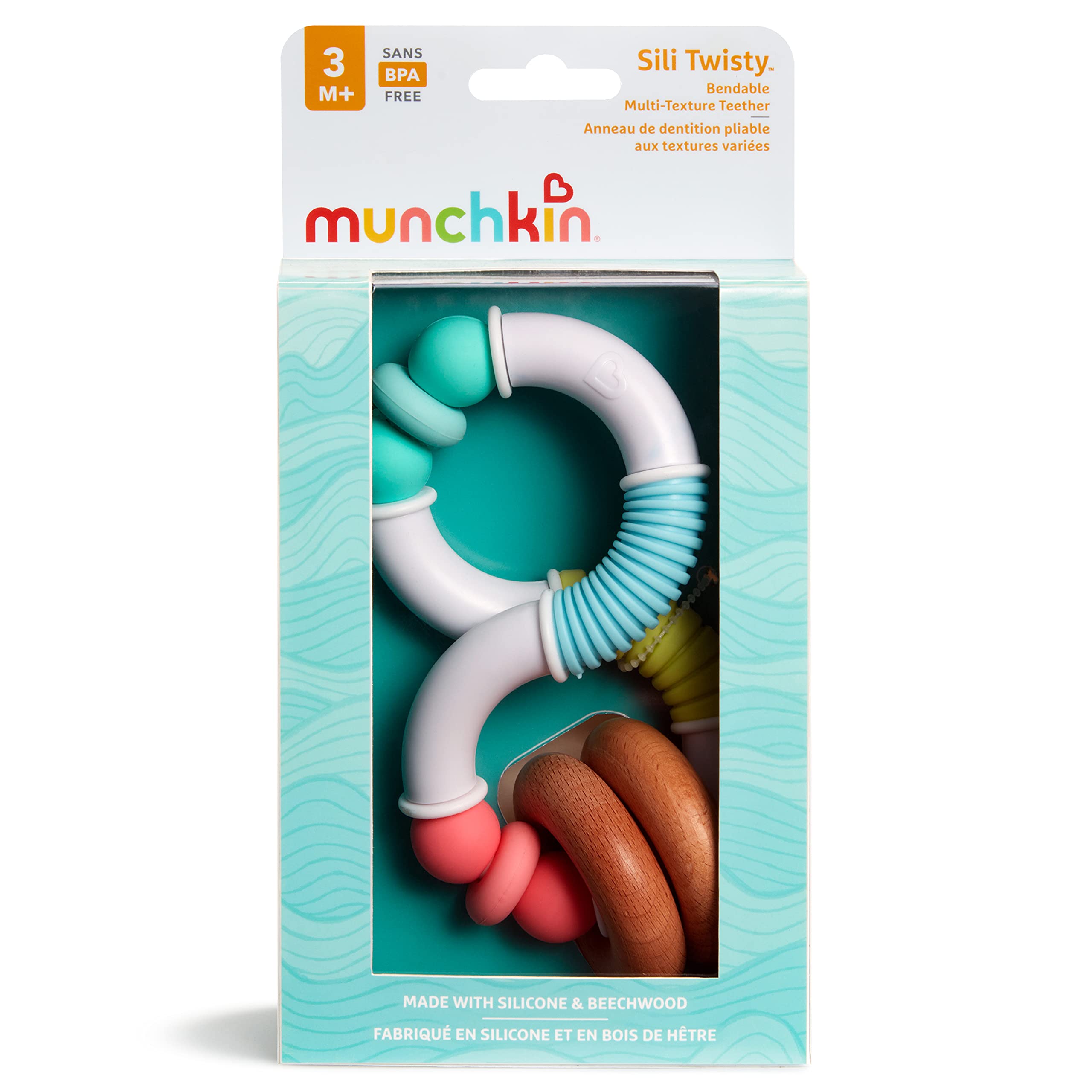 Munchkin Sili Twisty twist-and-shake rattle adds gentle auditory stimulation.