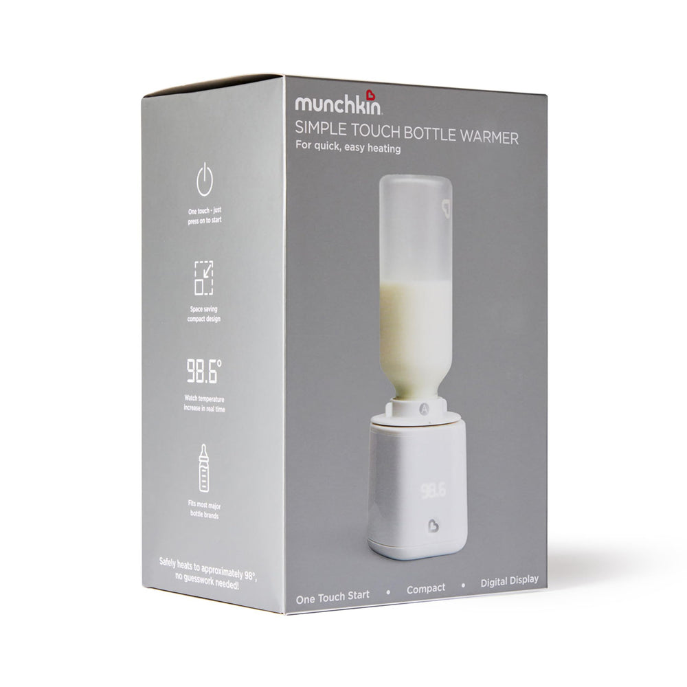 Munchkin Simple Touch Bottle Warmer heats to 98.6°F for comfortable feeding.