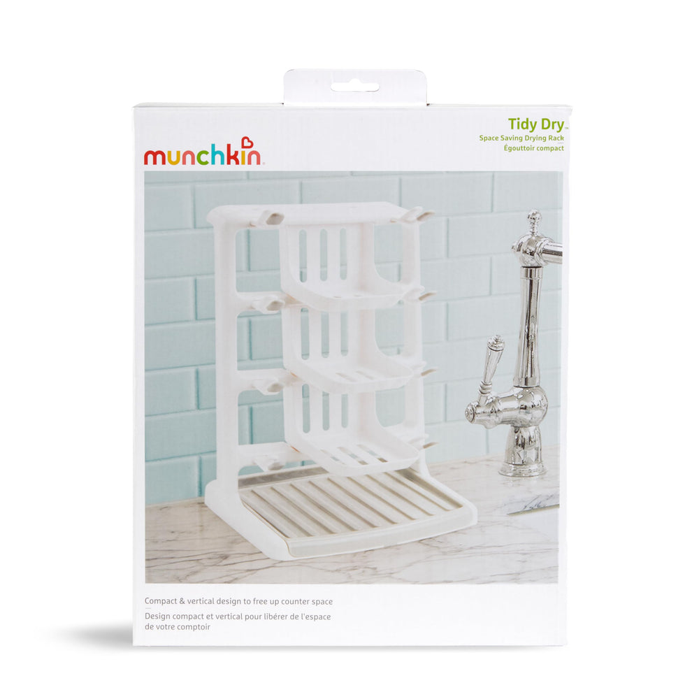 Munchkin Tidy Dry counter space saving vertical rack demonstrates compact design