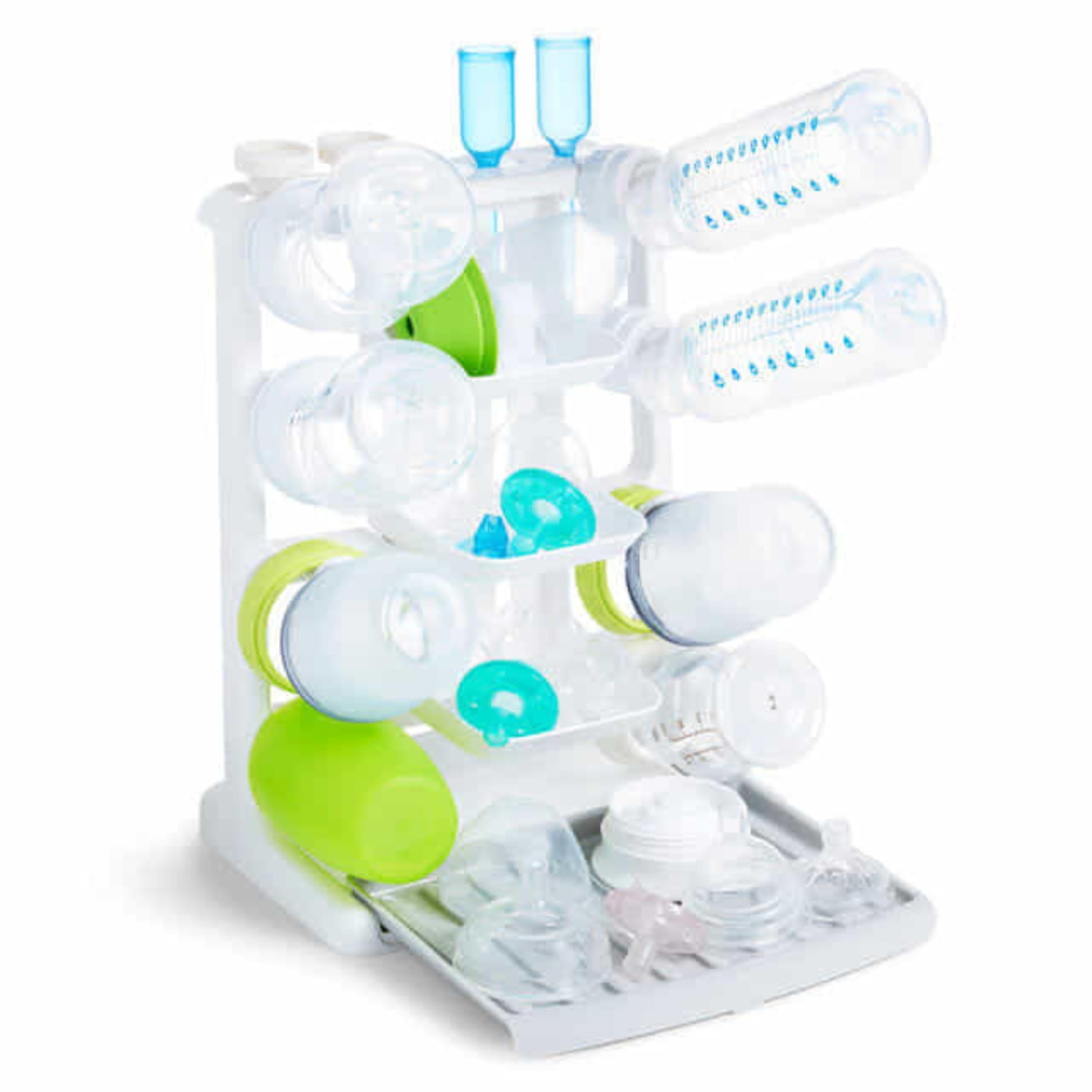 Munchkin Tidy Dry vertical bottle drying rack white showing space-saving design for busy kitchens