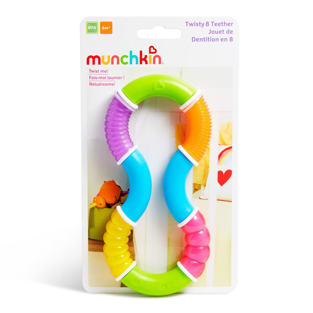 Munchkin Twisty Figure 8 Teether in baby's hands demonstrates easy grasp.