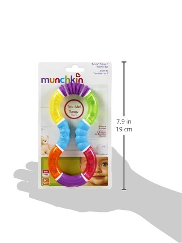 Munchkin Twisty Figure 8 Teether rattle action adds auditory stimulation.