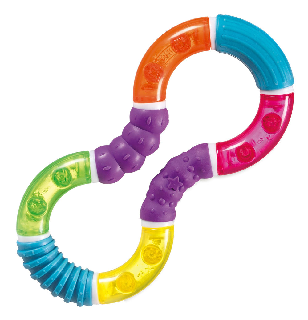 Munchkin Twisty Figure 8 Teether with four textures soothes gums and promotes early motor play.