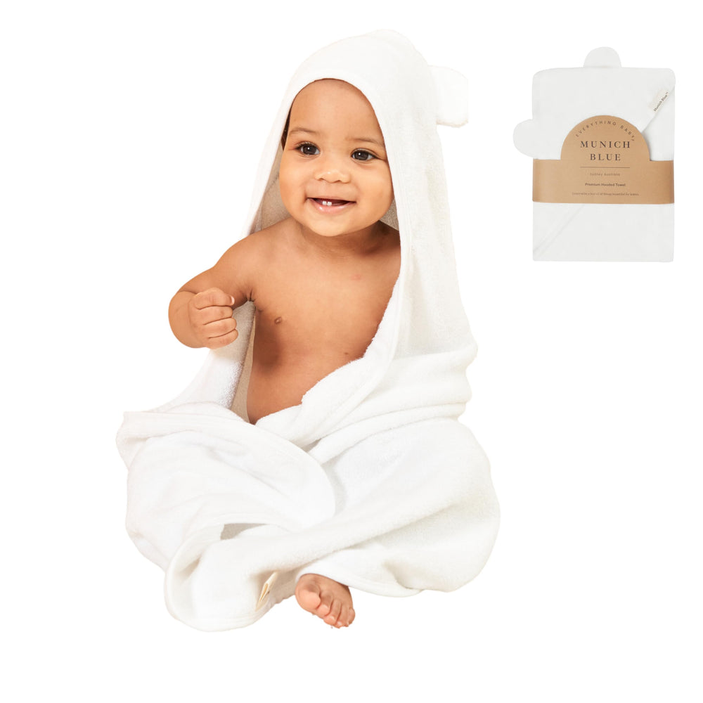 Munich Blue baby hooded towel close-up showing bear ears and plush softness