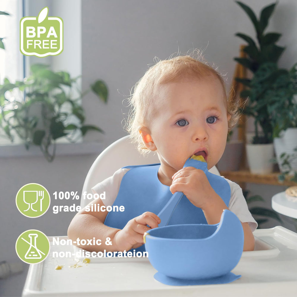 Munlinder silicone baby feeding set divided plate keeps foods neatly separated for easy self-feeding.