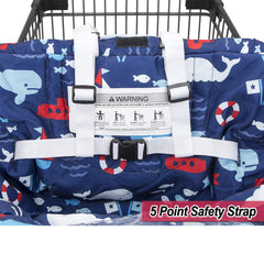 MURPHYfine blue whale cart cover on high chair demonstrates universal fit.