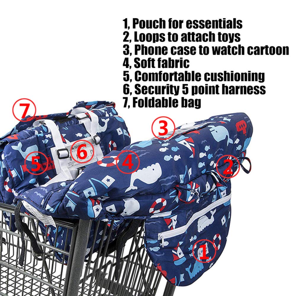 MURPHYfine blue whale cart cover in use shows comfy padding for baby.