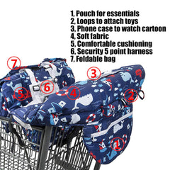 MURPHYfine blue whale cart cover in use shows comfy padding for baby.