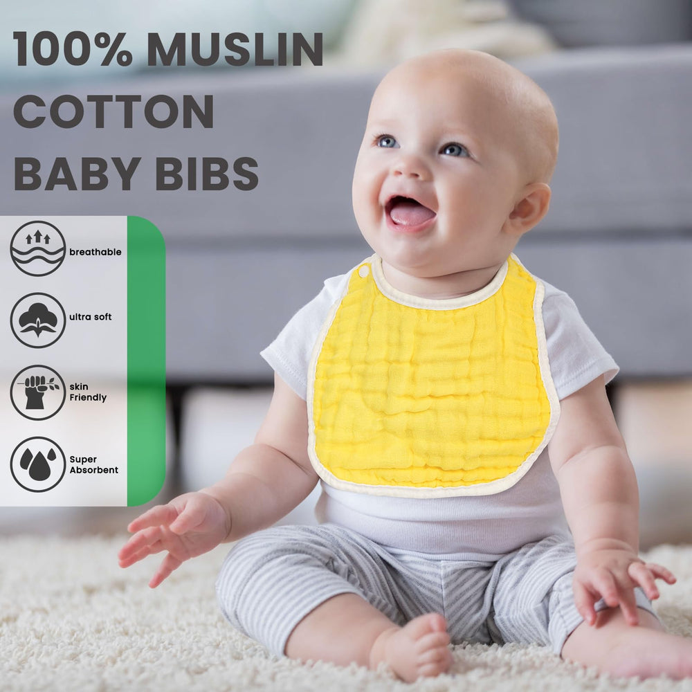 MUSBUY bibs absorbent muslin display shows eight-layer design for drool absorption.