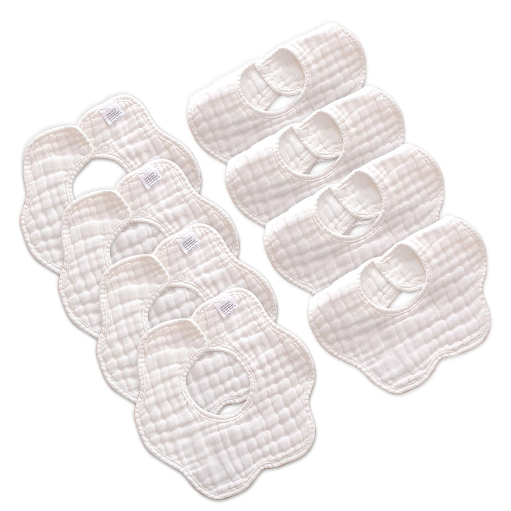 MUSBUY baby bibs flat lay in white, eight-layer muslin for mealtime comfort