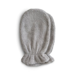 Mushie Baby Bath Mitt Gray pack 2 front view shows gentle cleansing for delicate skin.