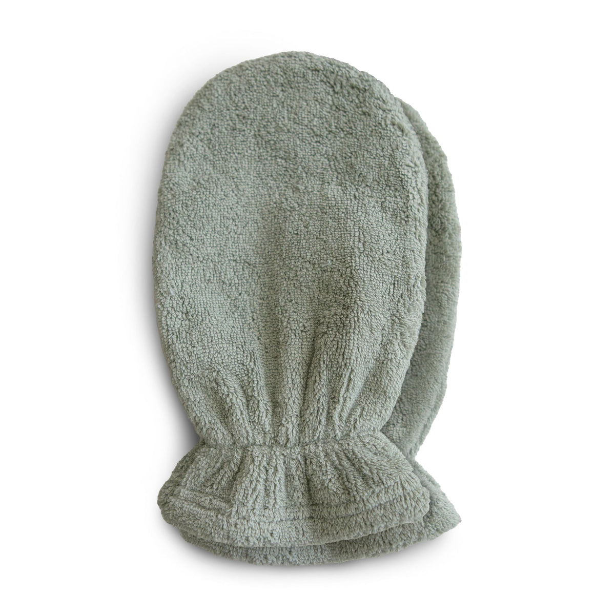 Mushie baby bath mitt closeup of organic cotton fibers for gentle cleansing.