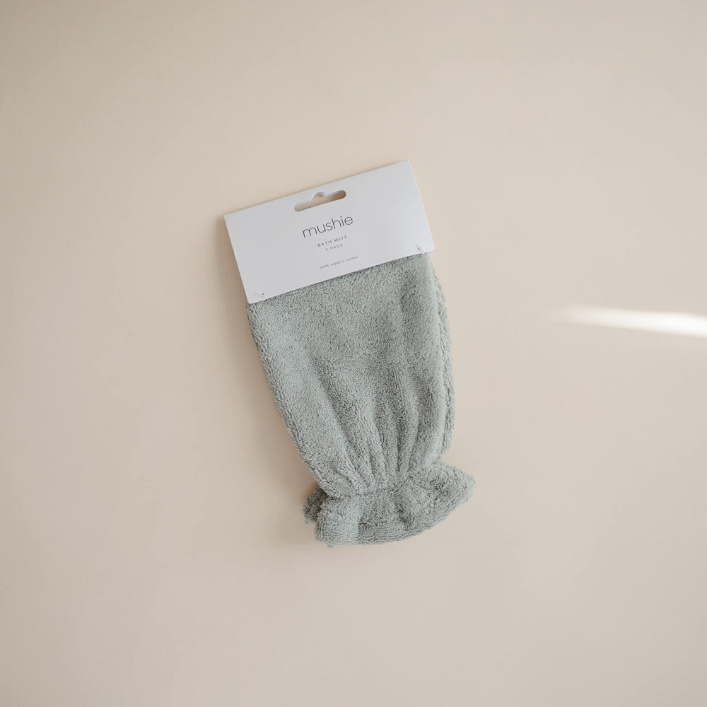 Mushie baby bath mitt pack-2 moss design shown for easy bath time routine.