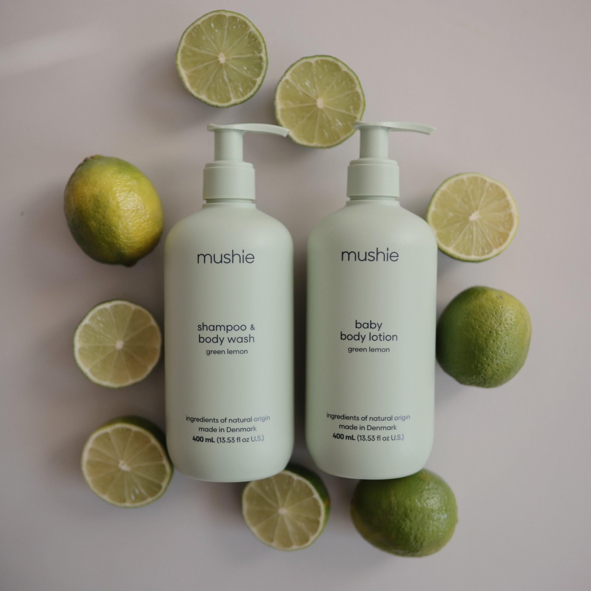 Mushie Baby Body Lotion bottle closeup shows soft, skin-friendly formula for dry skin.