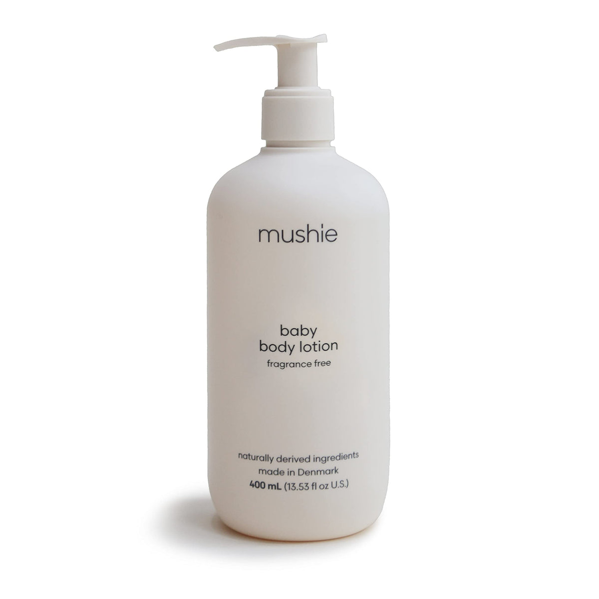 Mushie Baby Organic Body Lotion bottle offers fragrance-free daily hydration for delicate skin.