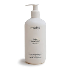 Mushie Baby Organic Body Lotion bottle offers fragrance-free daily hydration for delicate skin.