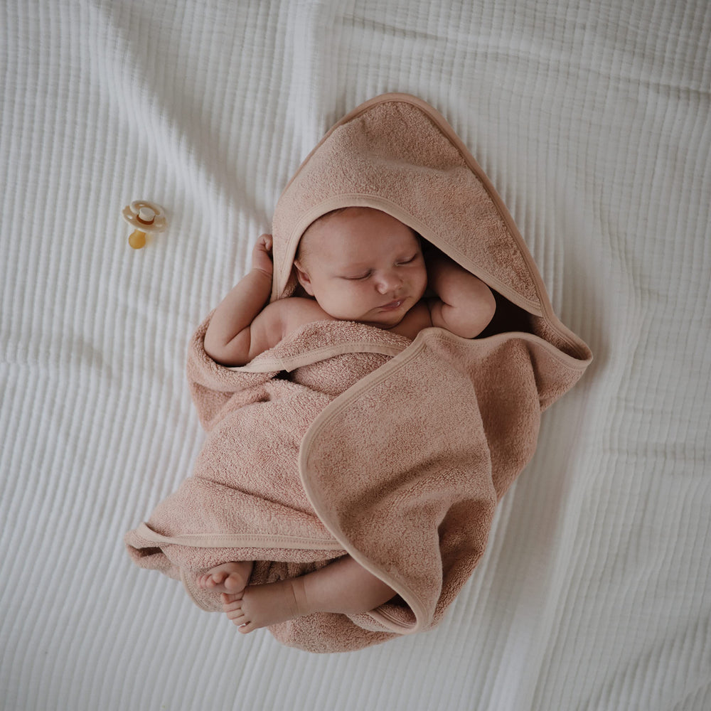 Mushie Baby Hooded Towel Blush one-size 30.5 by 30.5 inches.