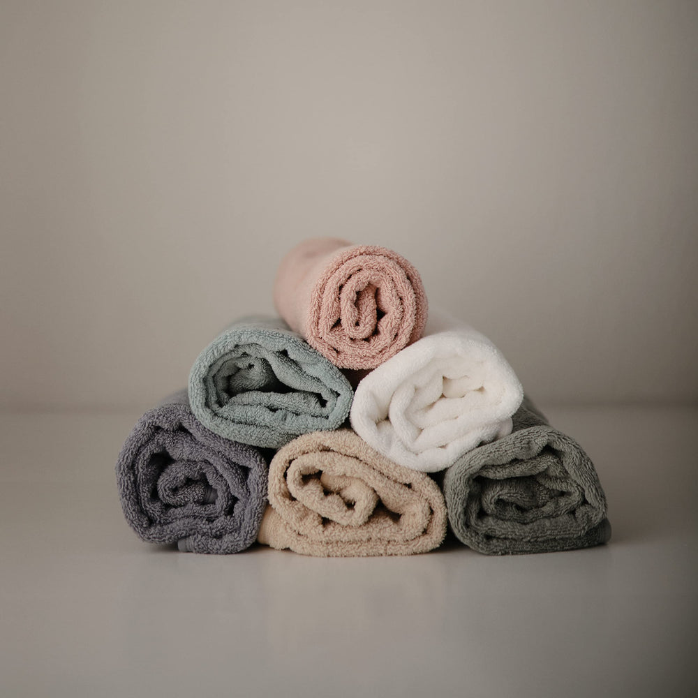 Mushie Baby Hooded Towel Moss machine-wash care label