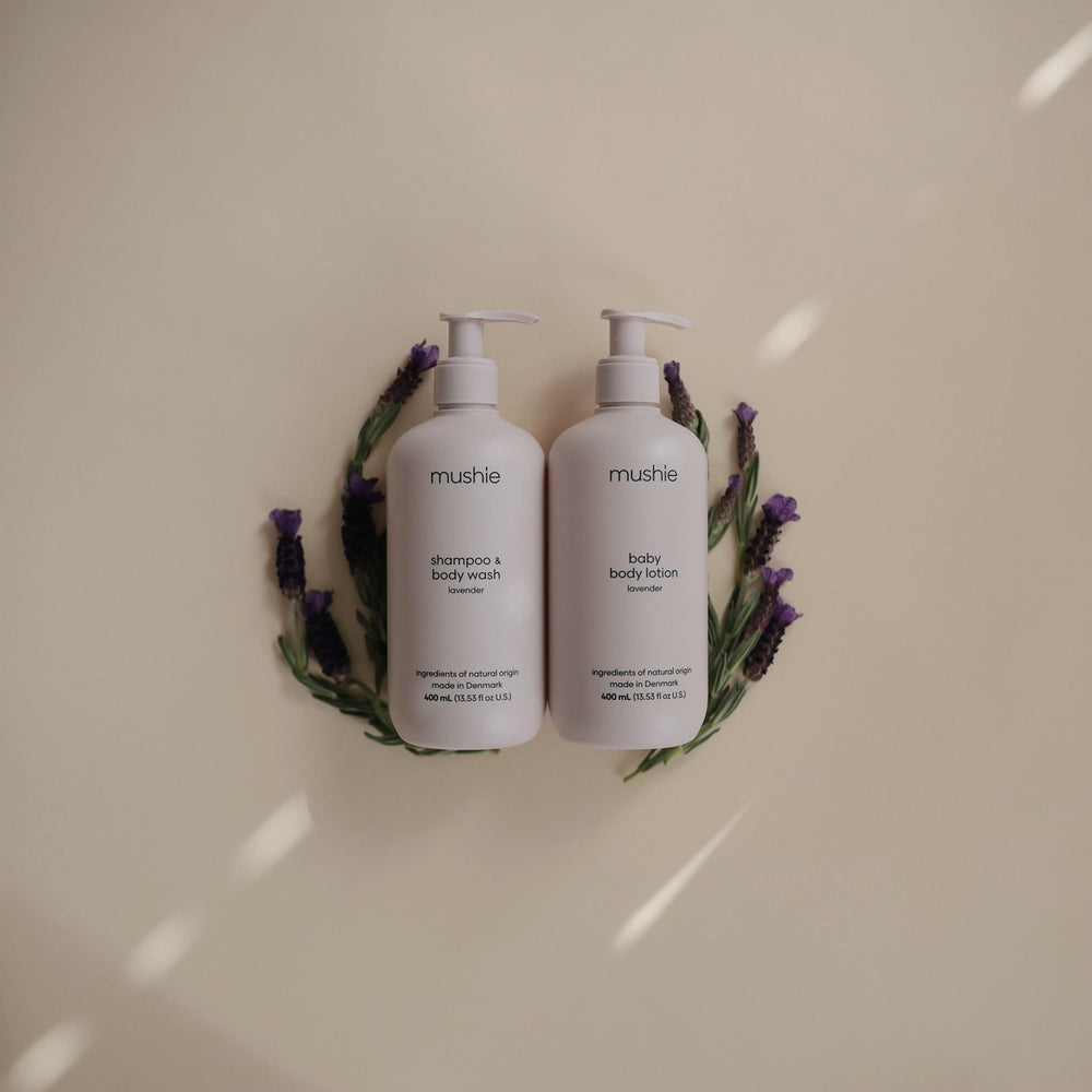 Mushie Baby Organic Body Lotion packaging highlights organic, allergy-friendly care and Nordic labeling.