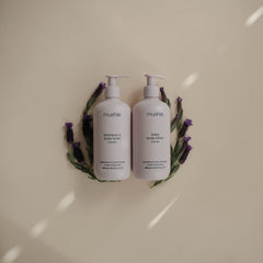 Mushie Baby Organic Body Lotion packaging highlights organic, allergy-friendly care and Nordic labeling.