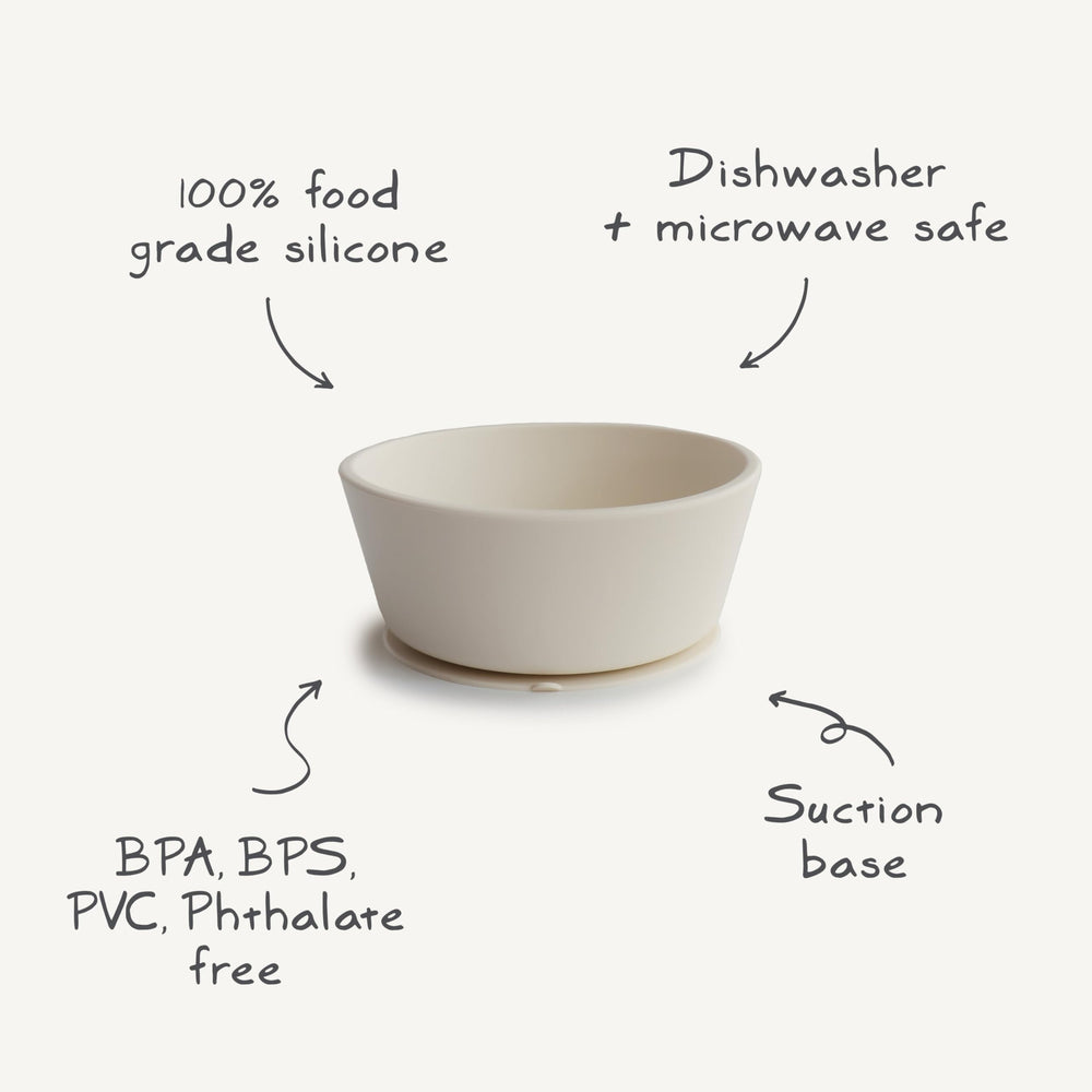 mushie baby mealtimes suction bowl in kitchen helps minimize spills.