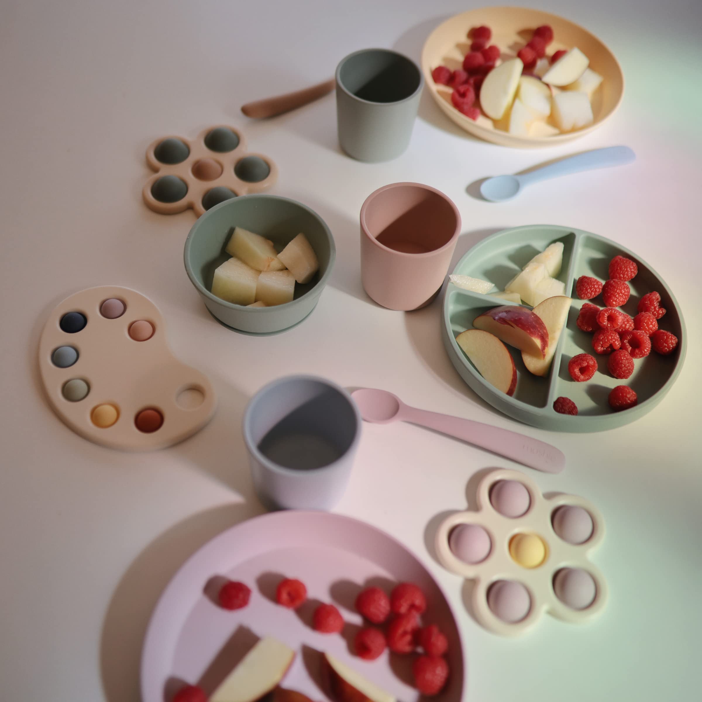Mushie feeding spoons care guidance image reminding wash and inspect before use