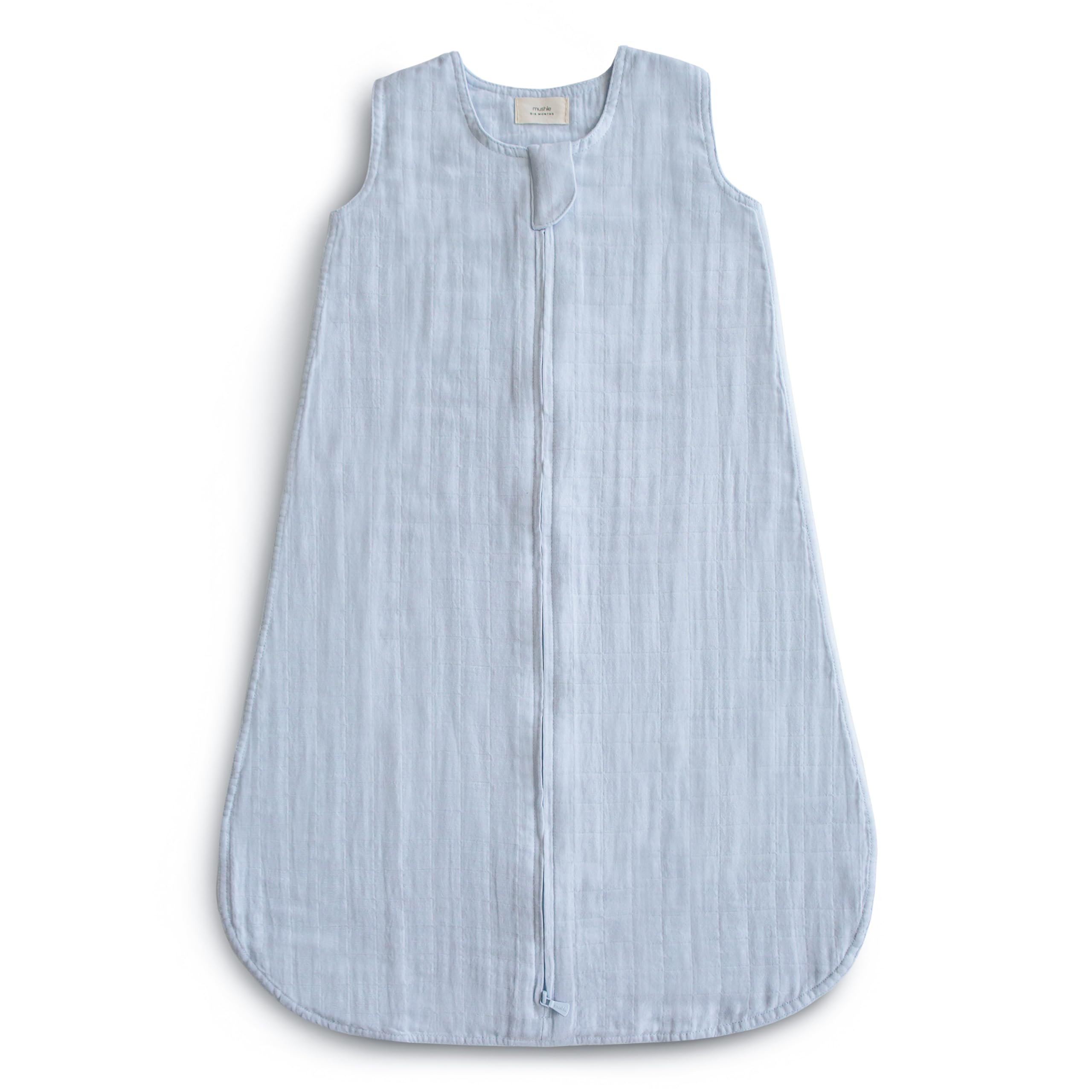 Mushie baby wearable blanket front view in baby blue promotes cozy, secure sleep