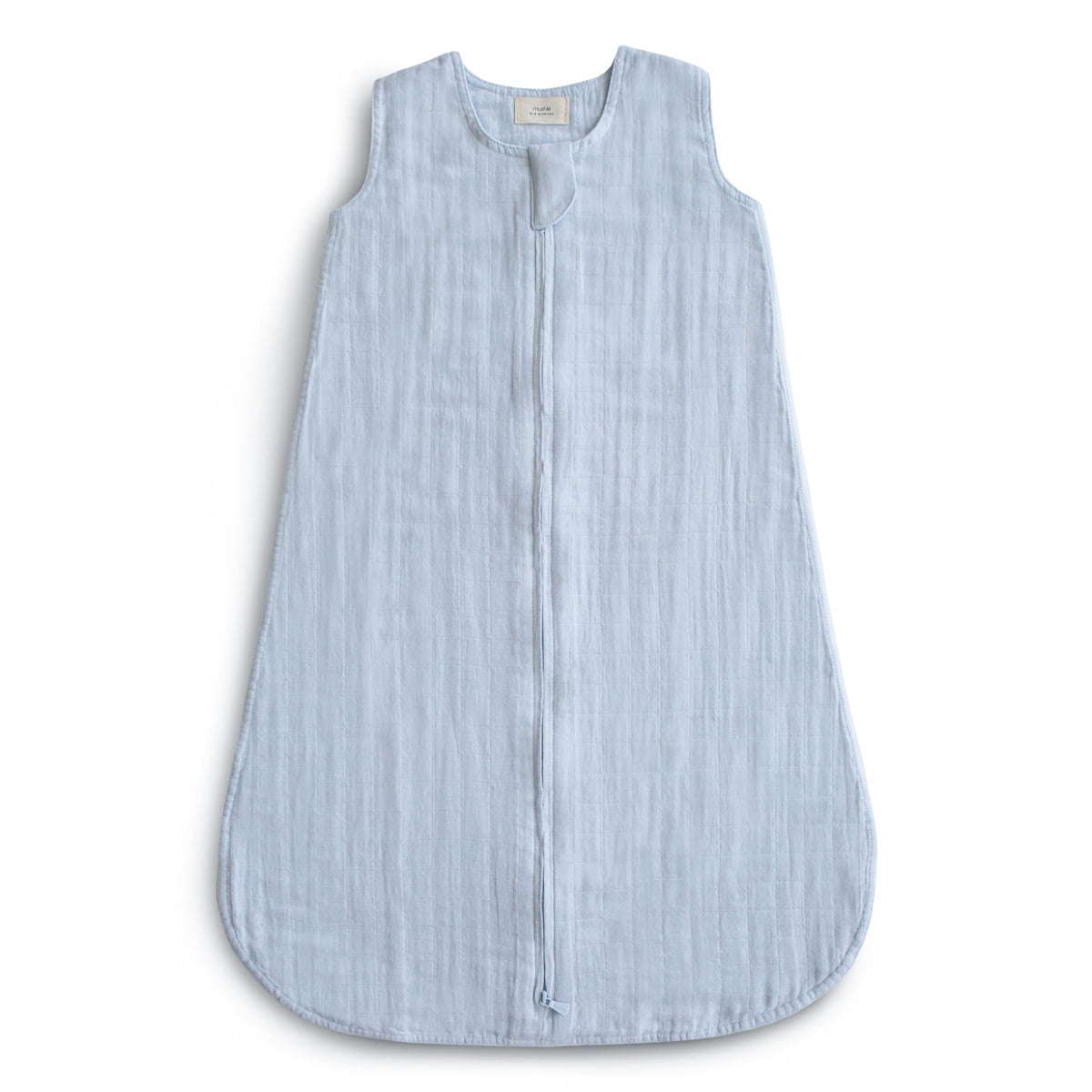 Mushie baby wearable blanket front view in baby blue promotes cozy, secure sleep