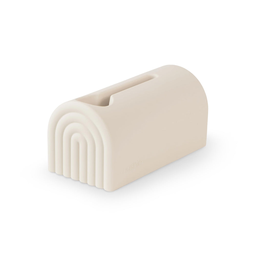 Mushie bath spout cover with rainbow arches protects kids during bath time