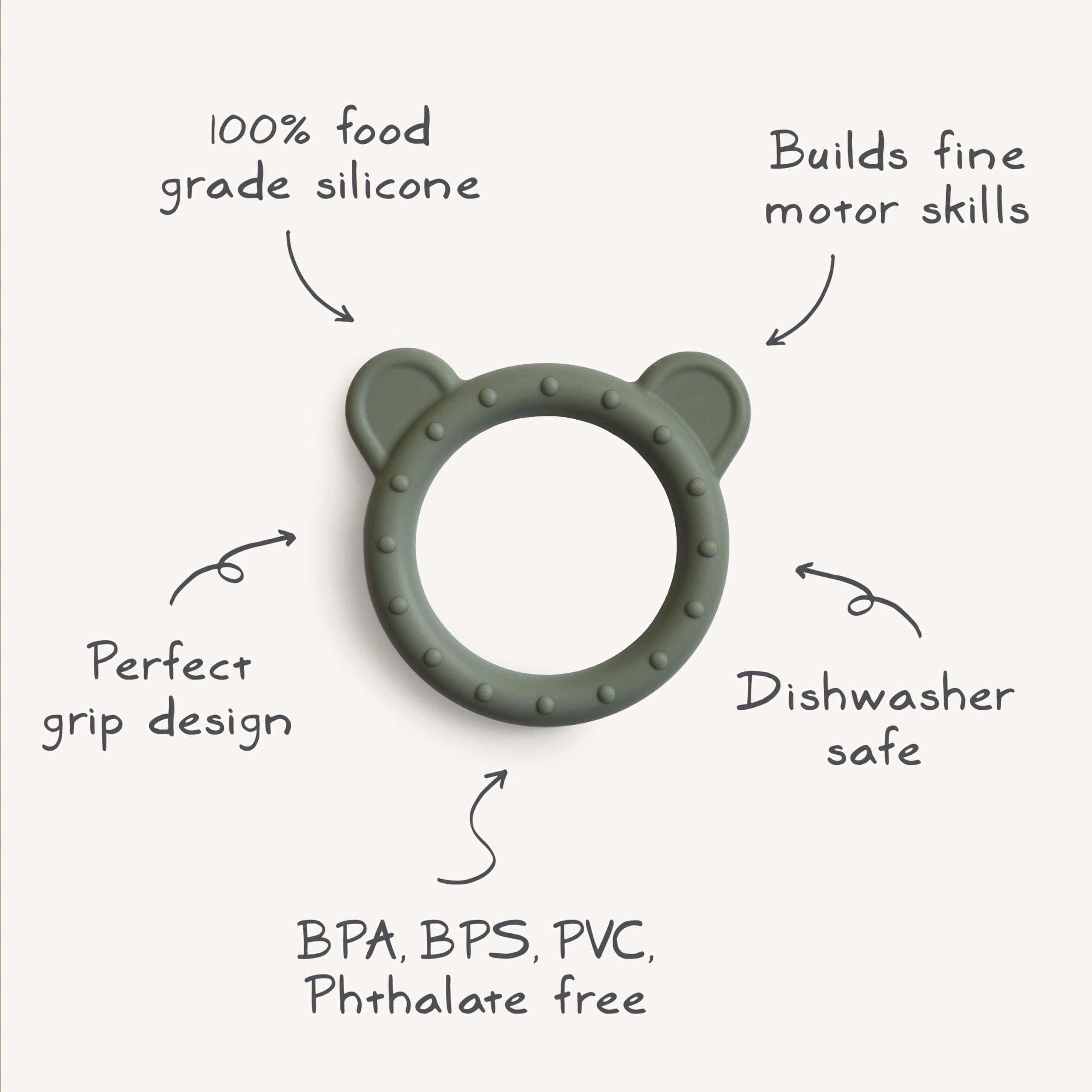 Mushie bear teether in Dried Thyme color matching neutral nursery decor