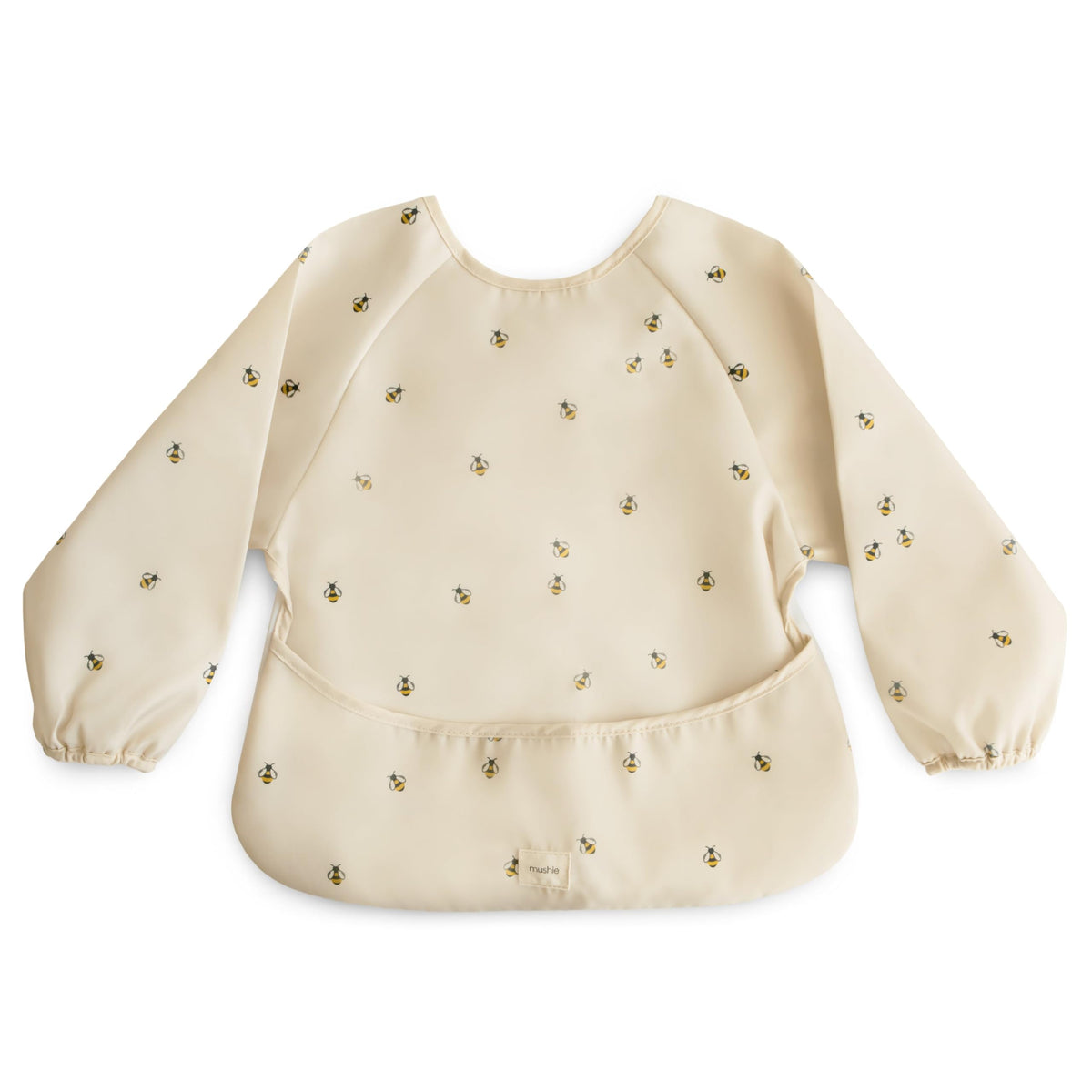 Mushie Bees long sleeve bib front view with water-resistant fabric for quick spill cleanup.