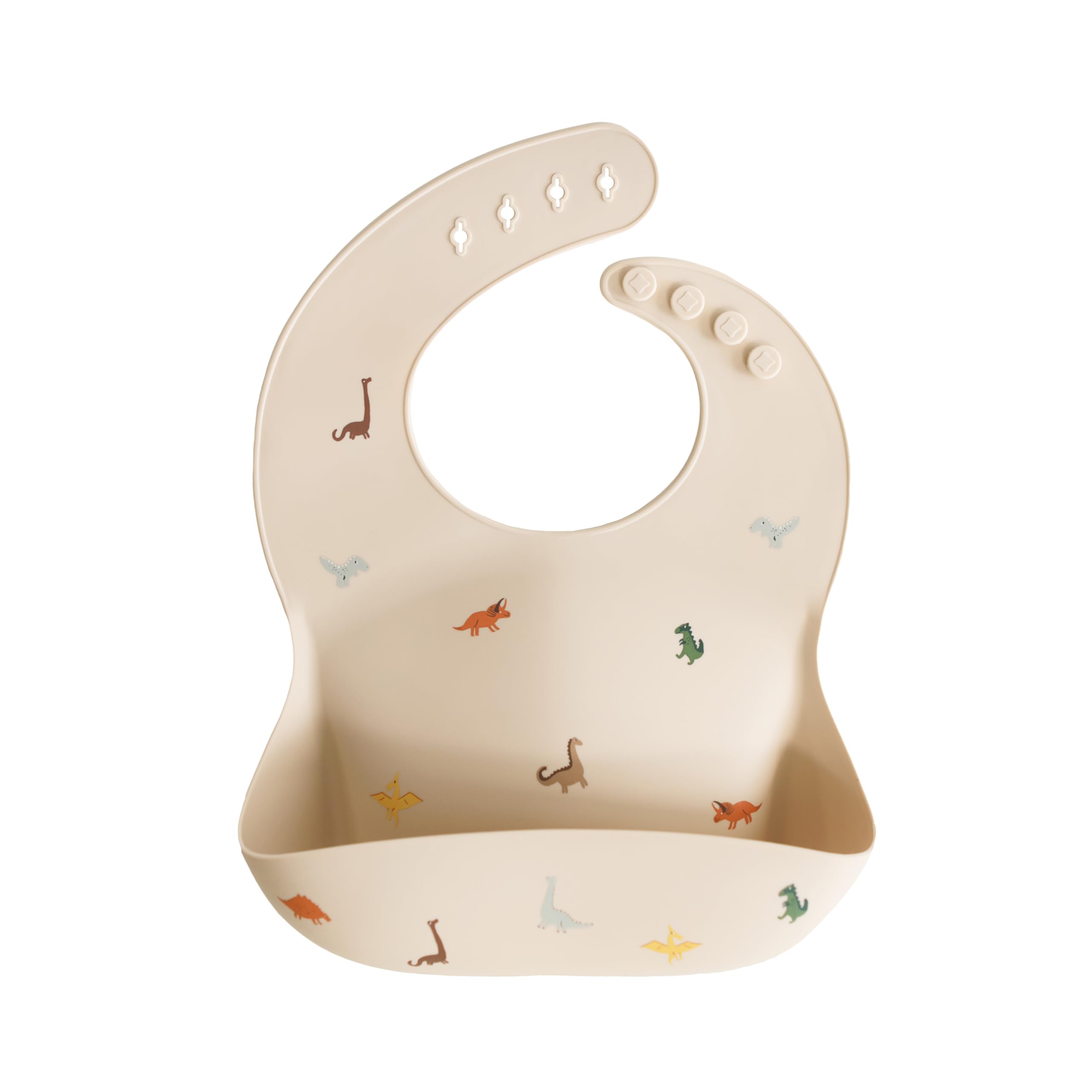 Mushie silicone bib dinosaurs neck-fastener closeup for adjustable fit and mess control.