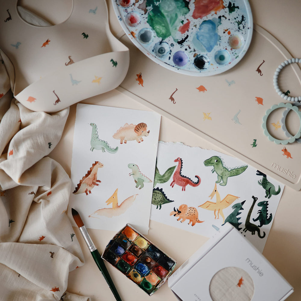 Mushie dinosaurs colorway shows timeless patterns to complement dining setup.