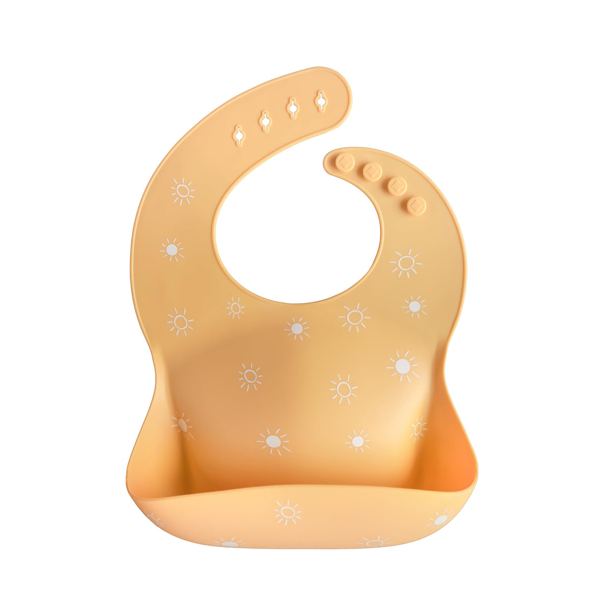 Mushie Sun Orange silicone bib table scene demonstrates mess-free meals